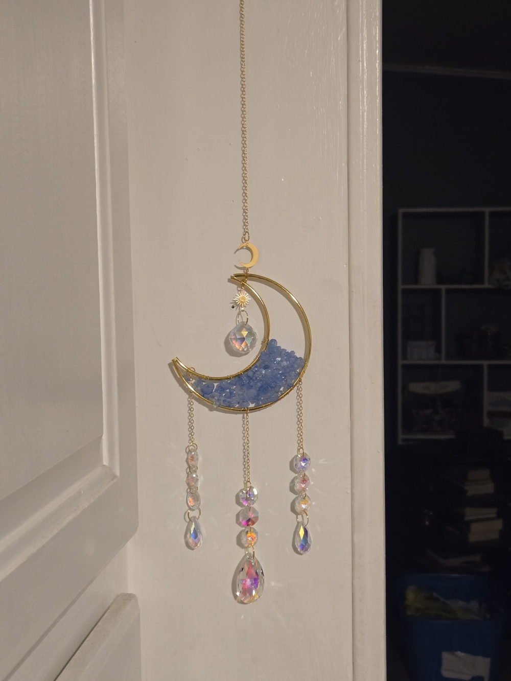 Gold Crescent Moon Wall Hanging with Blue Crystal Accents
